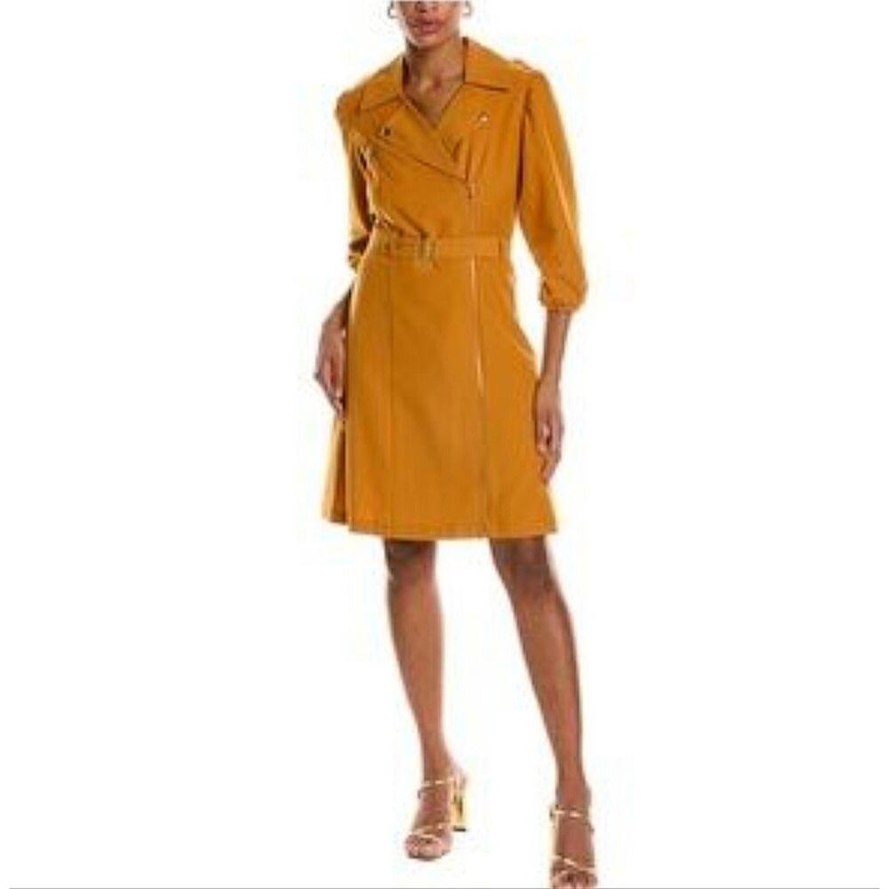 NWT Nanette Lepore Womens Medieval Gold Belted Midi Shirt Dress Mustard Size 8